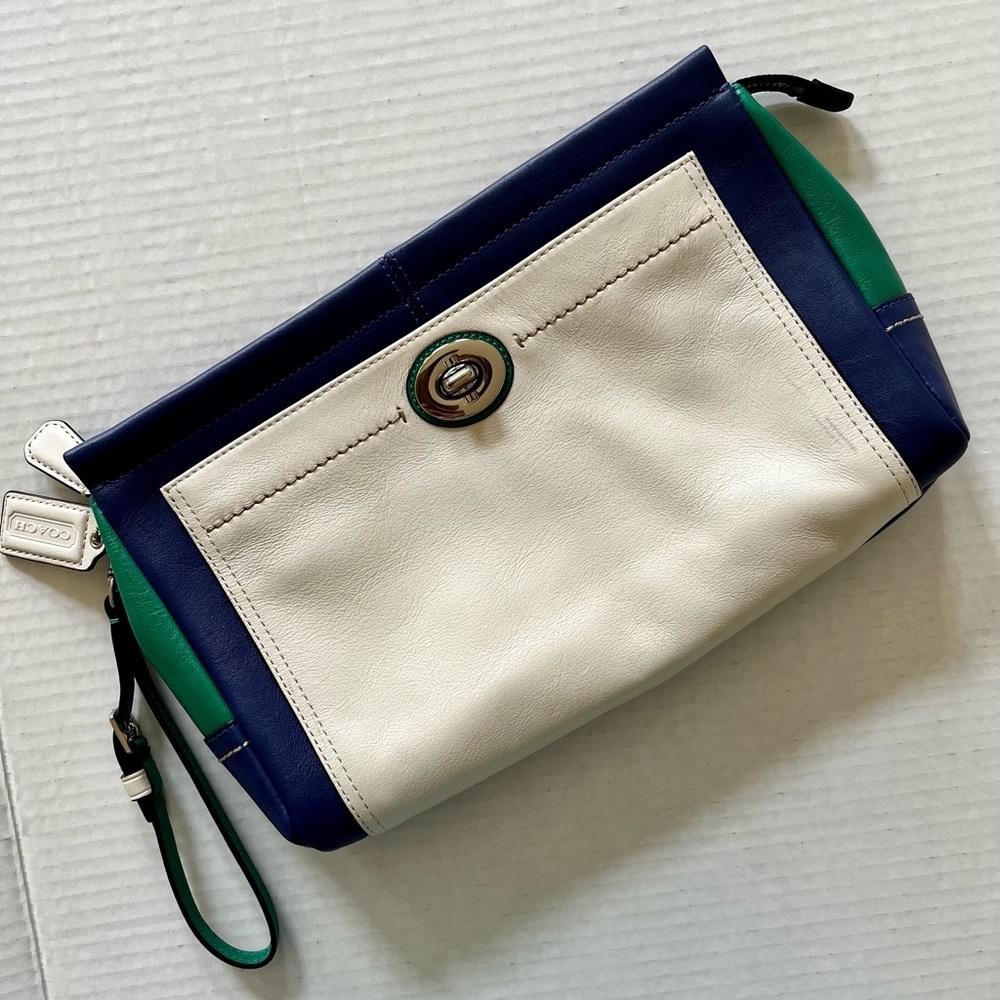 Coach, legacy-color block zippered leather large clutch. Navy, beige, & green.